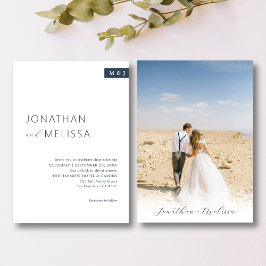 Klassiek wit & marineblauw monogram script bruilof kaart