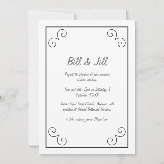 Klassiek wit met zwarte scroll border bruiloft kaart (Voorkant)
