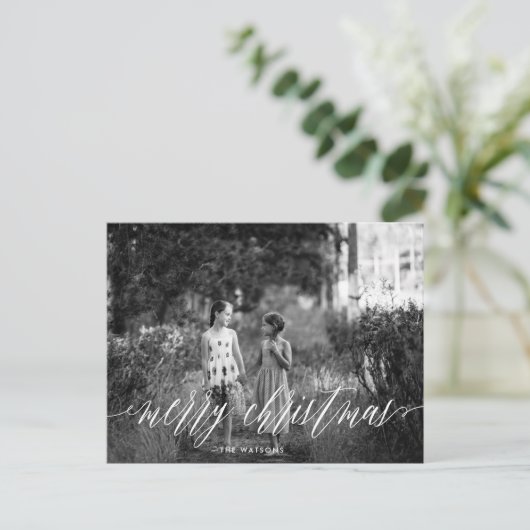 Klassiek wit script Vrolijke kerstfoto Feestdagenkaart (Staand voorkant)