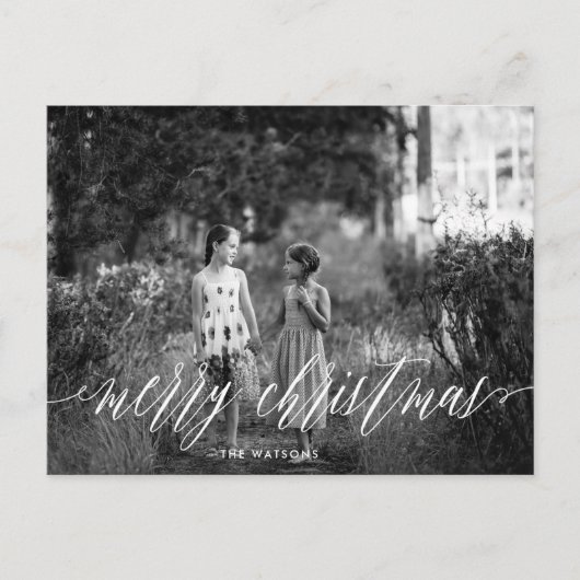 Klassiek wit script Vrolijke kerstfoto Feestdagenkaart (Voorkant)
