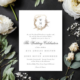 Klassiek wit zwart monogram bruiloft gouden kuif kaart