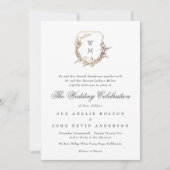 Klassiek wit zwart monogram bruiloft gouden kuif kaart (Voorkant)