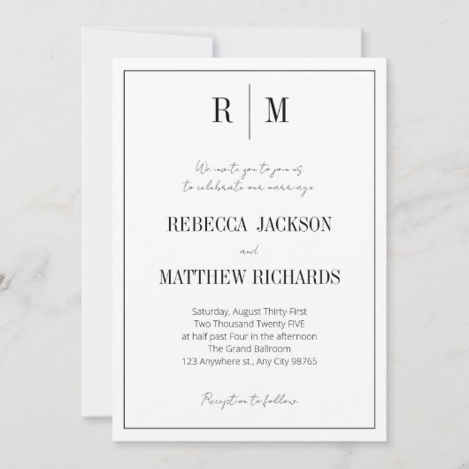 Klassiek wit zwart monogram elegante bruiloft kaart (Voorkant)