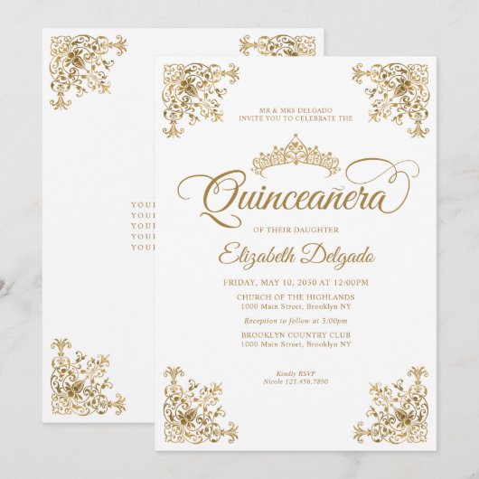 Klassiek witgoud Lijst Tiara Quinceanera Kaart (Voorkant / Achterkant)
