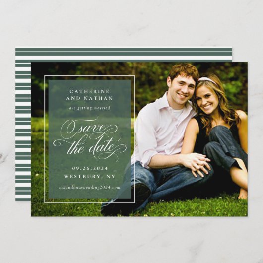 Klassiek Witte en Groene Elegante Scriptie Bruilof Save The Date (Voorkant / Achterkant)