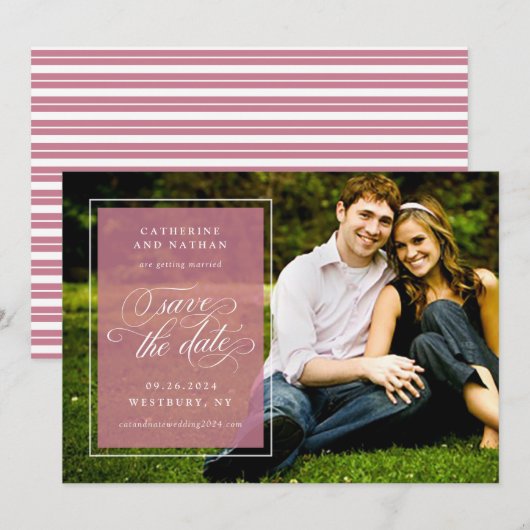 Klassiek witte en roze elegante scriptuur bruiloft save the date (Voorkant / Achterkant)