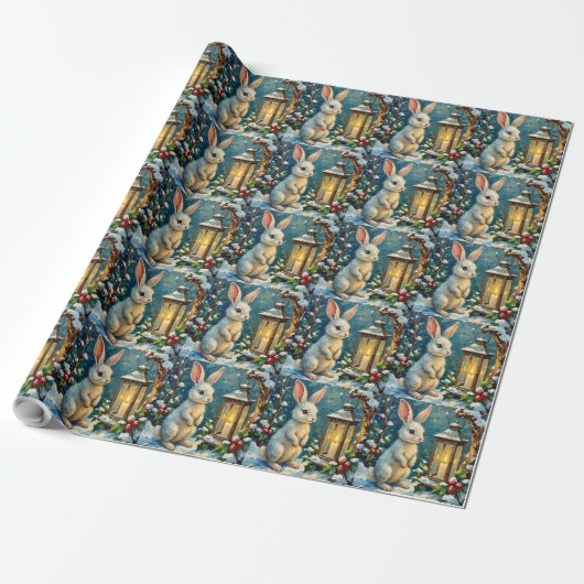 Klassiek Witte Konijn met Kerstlantaarn Cadeaupapier (Uitgerold)