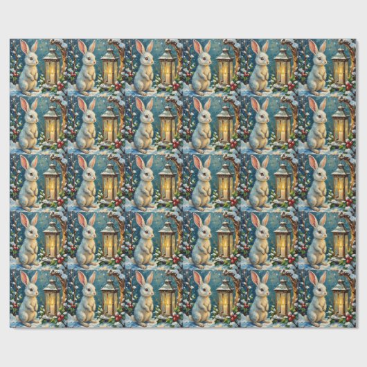 Klassiek Witte Konijn met Kerstlantaarn Cadeaupapier (Vlak)