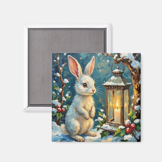 Klassiek Witte Konijn met Kerstlantaarn Magneet (Voorkant / Achterkant)