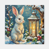 Klassiek Witte Konijn met Kerstlantaarn Magneet (Voorkant)