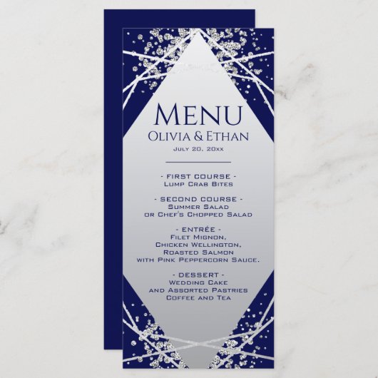 Klassiek zilver geometrisch trouwmenu op marinebla menu (Voorkant / Achterkant)