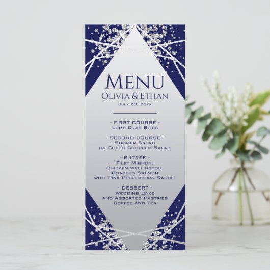 Klassiek zilver geometrisch trouwmenu op marinebla menu (Staand voorkant)