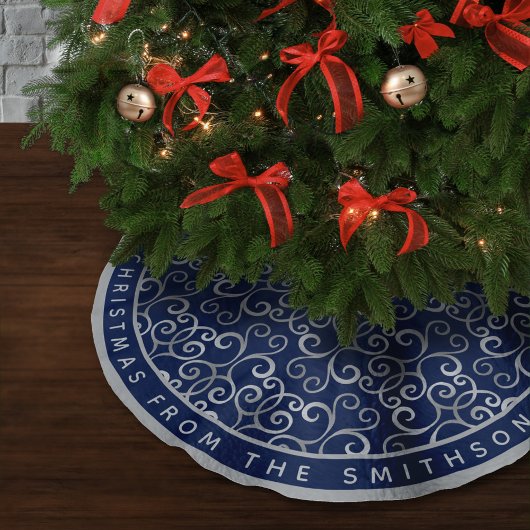 KLASSIEK ZILVER & NAVYBLAUW KERST-DAMAST AANGEPAST KERSTBOOM ROK