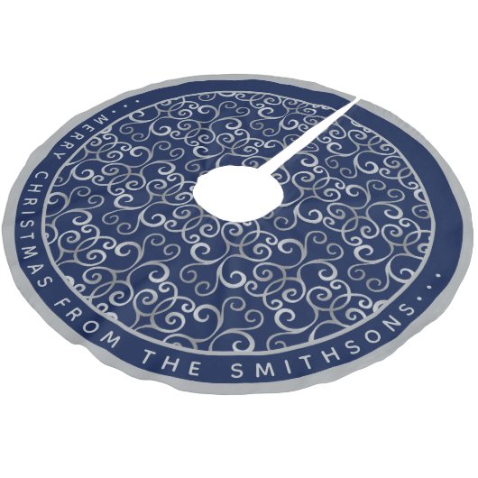 KLASSIEK ZILVER & NAVYBLAUW KERST-DAMAST AANGEPAST KERSTBOOM ROK (Gekanteld)