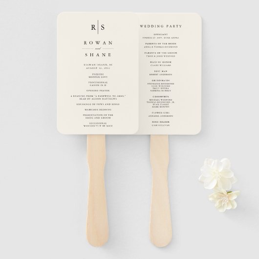 Klassiek zwart & Ecru Monogram huwelijksprogramma Handwaaier (Voorkant en achterkant)