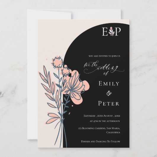 Klassiek zwart Elegant Hand getrokken bloemenbruil Kaart (Voorkant)