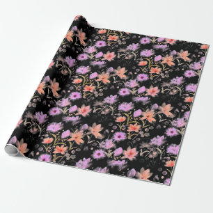Klassiek zwart en blush roze vintage bloemmotief cadeaupapier