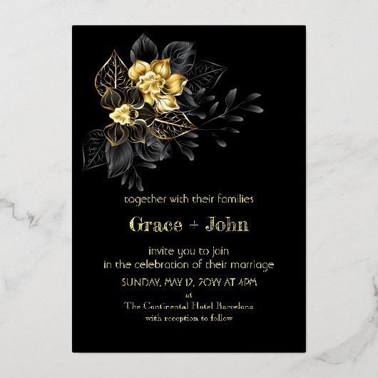 Klassiek zwart en goud borduurwerk folie uitnodiging (Voorkant)