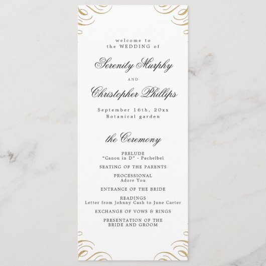 Klassiek zwart en goud kalligrafie bruiloft progra menu (Voorkant)