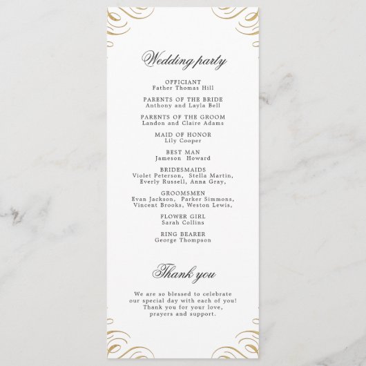 Klassiek zwart en goud kalligrafie bruiloft progra menu (Achterkant)