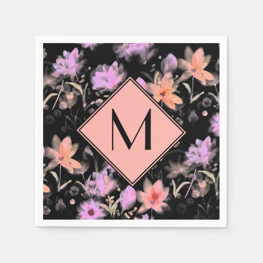 Klassiek zwart en koraalroze bloemenmonogram servet (Voorkant)