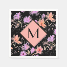 Klassiek zwart en koraalroze roze bloemenmonogram servet