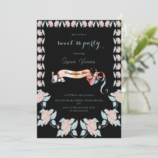 Klassiek zwart en licht roze bloemenzoet 16 kaart (Staand voorkant)