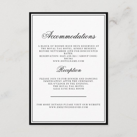 Klassiek zwart en wit Elegant Regal Informatiekaartje (Voorkant)