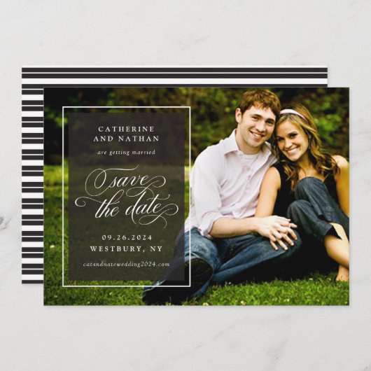 Klassiek Zwart en Wit Elegant Script Trouwen Save The Date (Voorkant / Achterkant)