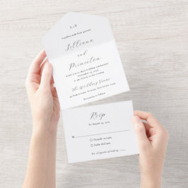 Klassiek zwart en wit monogram elegante trouw all in one uitnodiging
