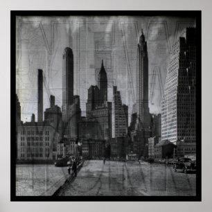 Klassiek zwart en wit New York over kaart Poster