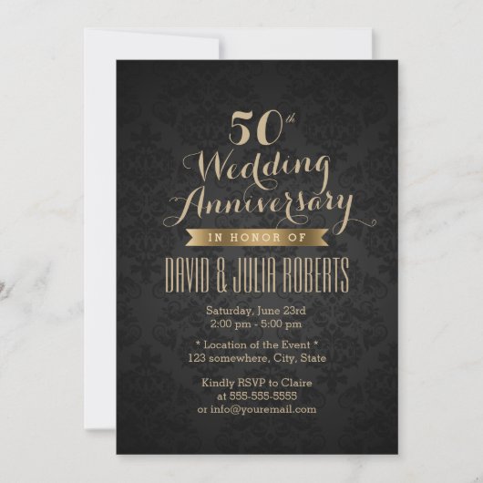 Klassiek zwart & goud 50ste huwelijksjubileum kaart (Voorkant)
