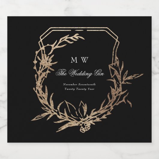 Klassiek Zwart Goud Botanisch Motief Monogram Kam Likeurfles Etiket (Enkel label)