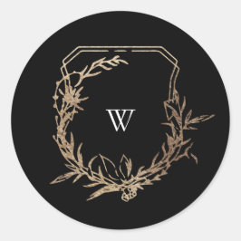 Klassiek Zwart Goud Botanisch Motief Monogram Kam Ronde Sticker