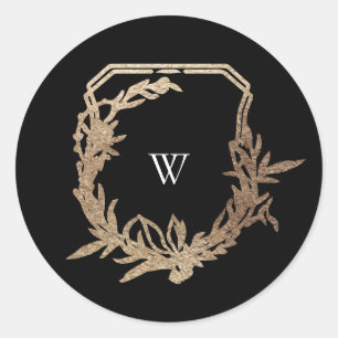 Klassiek Zwart Goud Botanisch Motief Monogram Kam Ronde Sticker