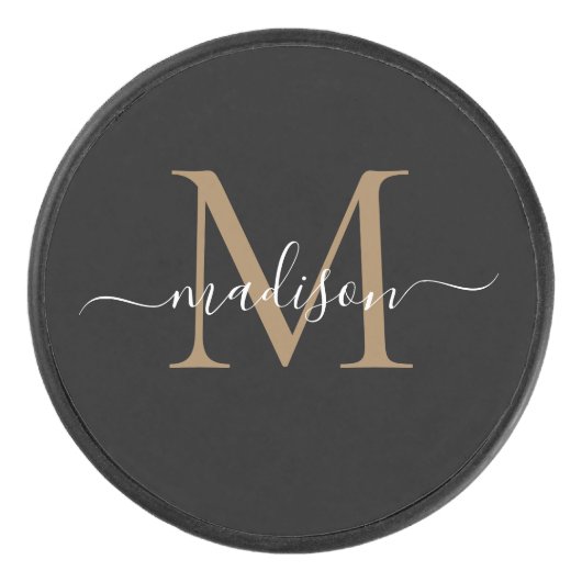 Klassiek zwart goud monogram meisjesachtig vrouwel hockey puck (Voorkant)