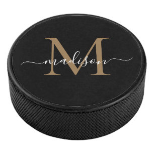 Klassiek zwart goud monogram meisjesachtig vrouwel hockey puck