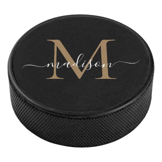Klassiek zwart goud monogram meisjesachtig vrouwel hockey puck (3/4)
