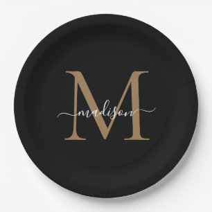 Klassiek Zwart Goud Monogram Modern Schrift Naam Papieren Bordje