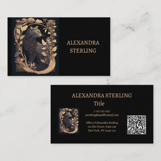 Klassiek Zwart Gouden Art Nouveau Profiel Kat Visitekaartje (Voorkant / Achterkant)