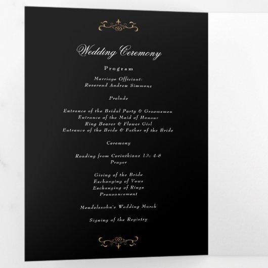 Klassiek zwart gouden kam drievoudig huwelijksprog drieluik uitnodiging (Binnenzijde eerst)