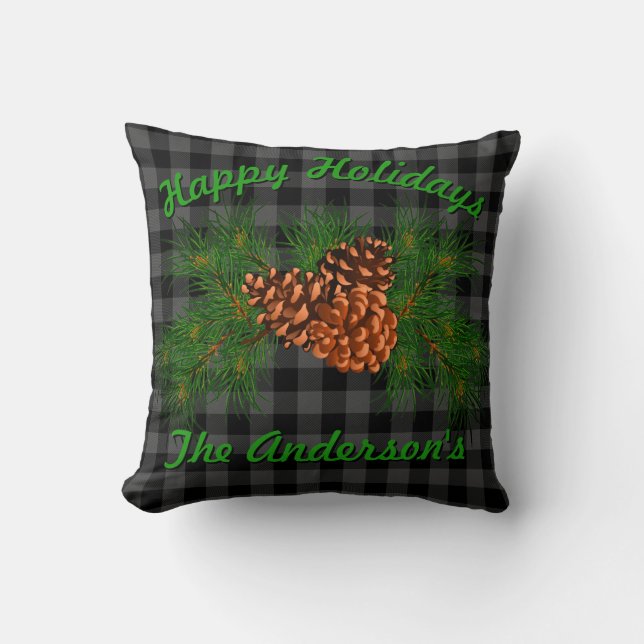 Klassiek zwart grijs tartan plaid patroon pinecone kussen (Voorkant)