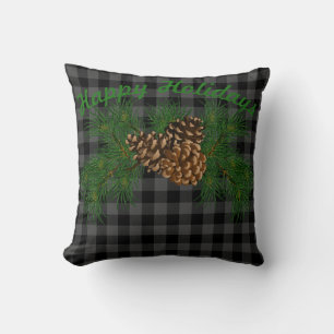 Klassiek zwart grijs tartan plaid patroon pinecone kussen