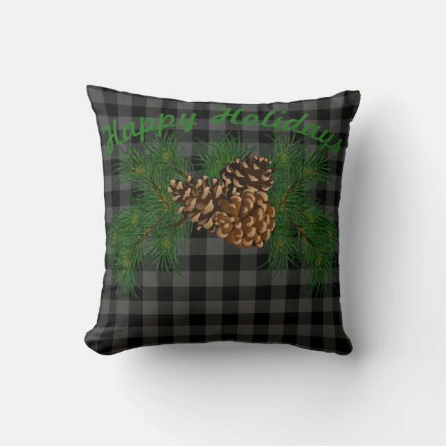 Klassiek zwart grijs tartan plaid patroon pinecone kussen (Voorkant)