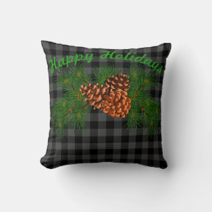 Klassiek zwart grijs tartan plaid patroon pinecone kussen