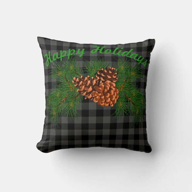 Klassiek zwart grijs tartan plaid patroon pinecone kussen (Voorkant)