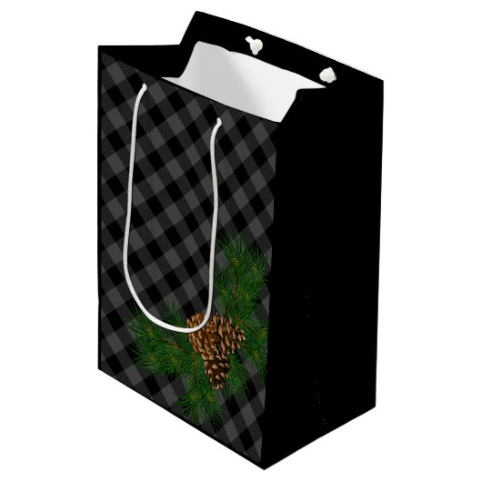 Klassiek zwart grijs tartan plaid patroon pinecone medium cadeauzakje (Voorkant Gekanteld)