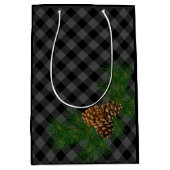 Klassiek zwart grijs tartan plaid patroon pinecone medium cadeauzakje (Voorkant)
