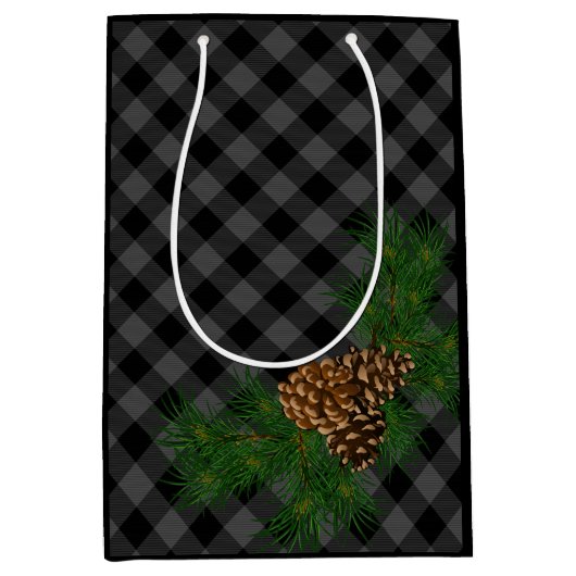 Klassiek zwart grijs tartan plaid patroon pinecone medium cadeauzakje (Voorkant)