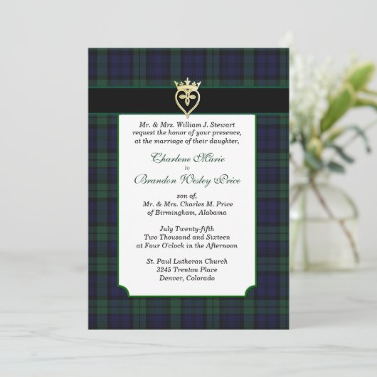 Klassiek zwart horloge Tartan bruiloft uitnodiging (Staand voorkant)